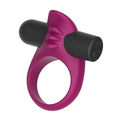 Angled view of purple vibrating cock ring and stimulator