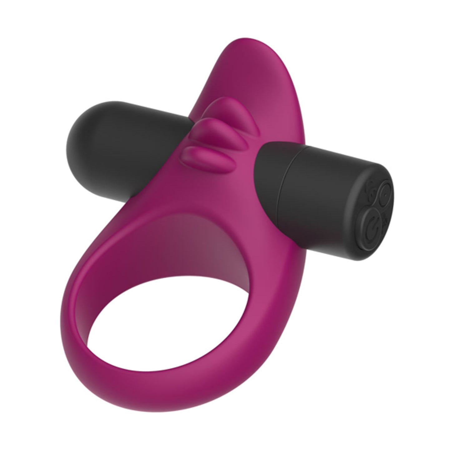 Angled front view of purple silicone vibrating cock ring