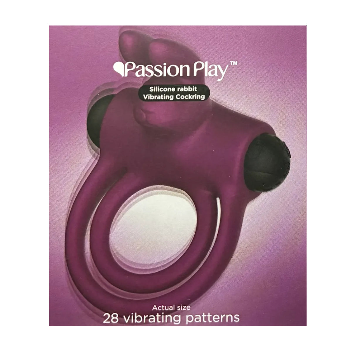 Passion Play Vibrating Dual Rabbit Ring Purple in retail packaging