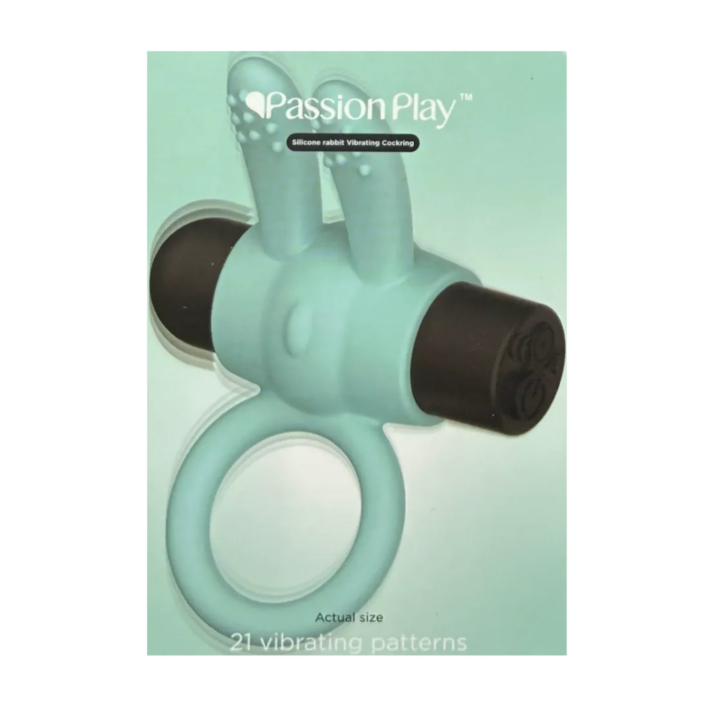 Passion Play Vibrating Rabbit Cock Ring Blue in retail packaging