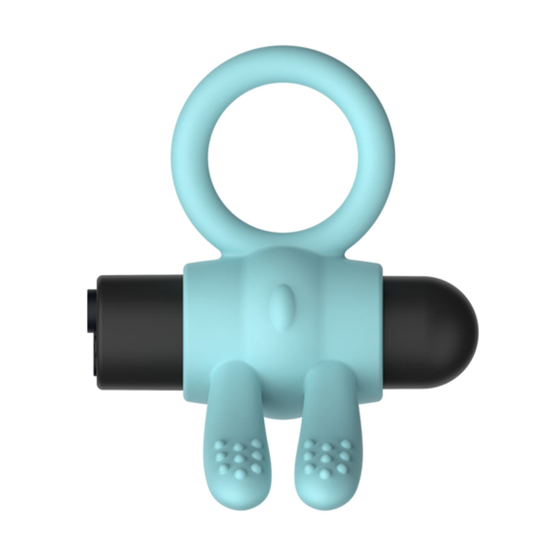 Reverse view showing flexible blue silicone cock ring