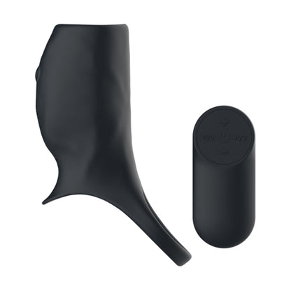 Side view of black cock ring sleeve and remote control