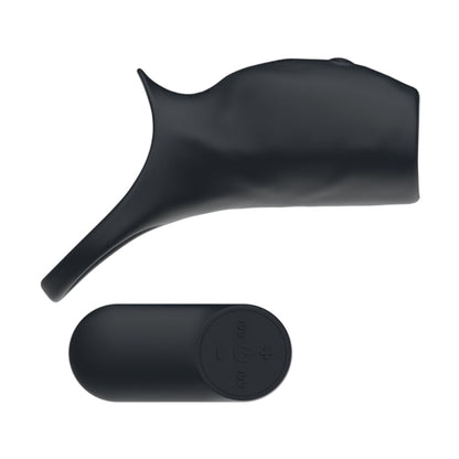 Angled view of vibrating cock ring sleeve and remote