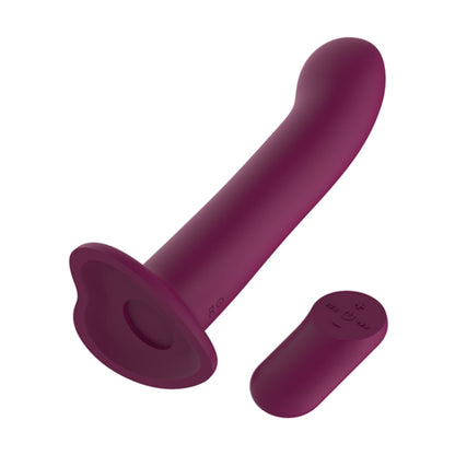 Angled view of purple G-Spot dildo and wireless remote