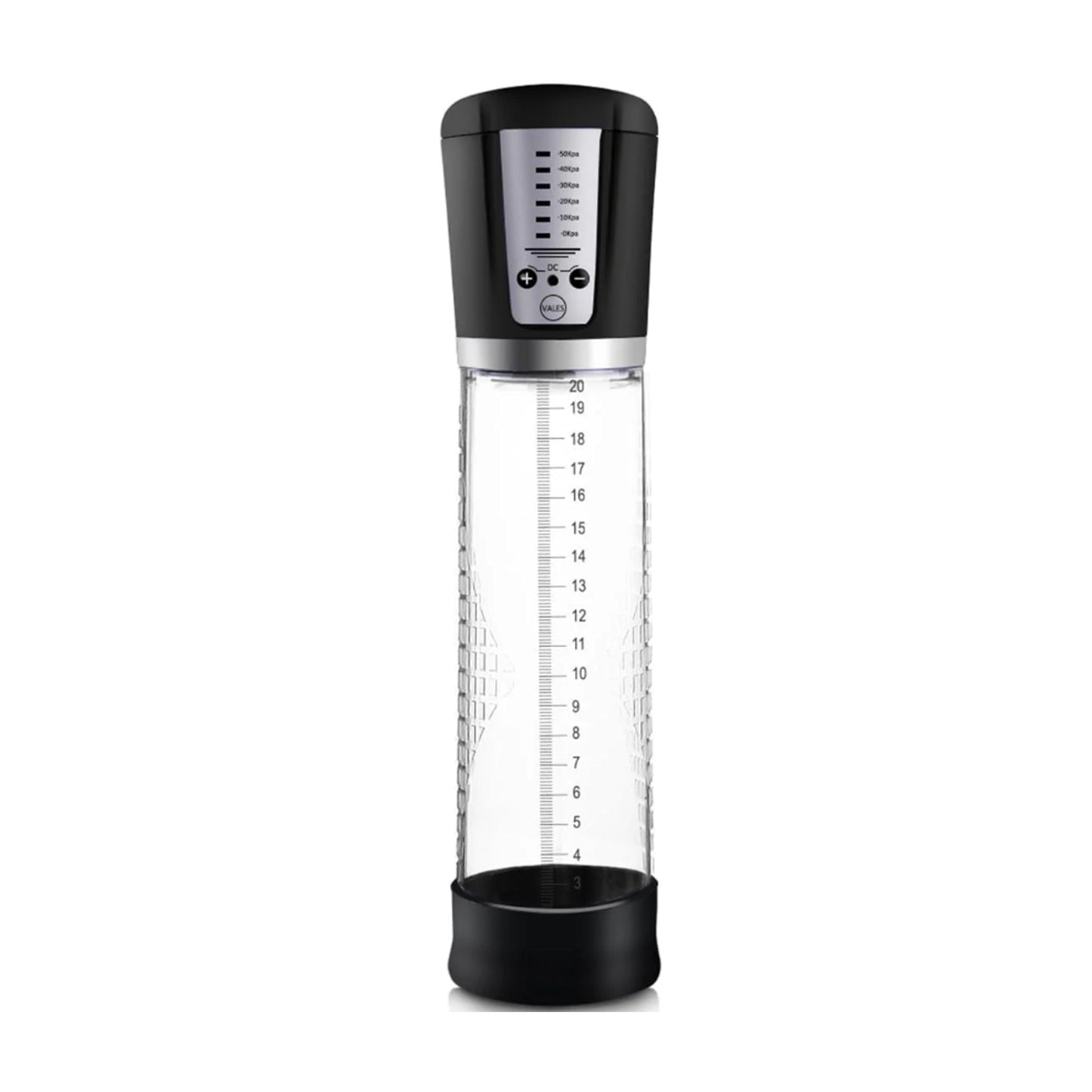 Front view of rechargeable penis pump with measurement cylinder