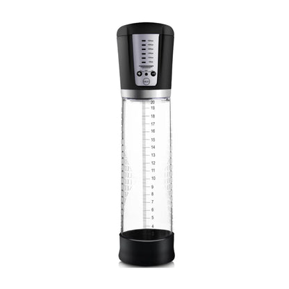 Front view of rechargeable penis pump with measurement cylinder