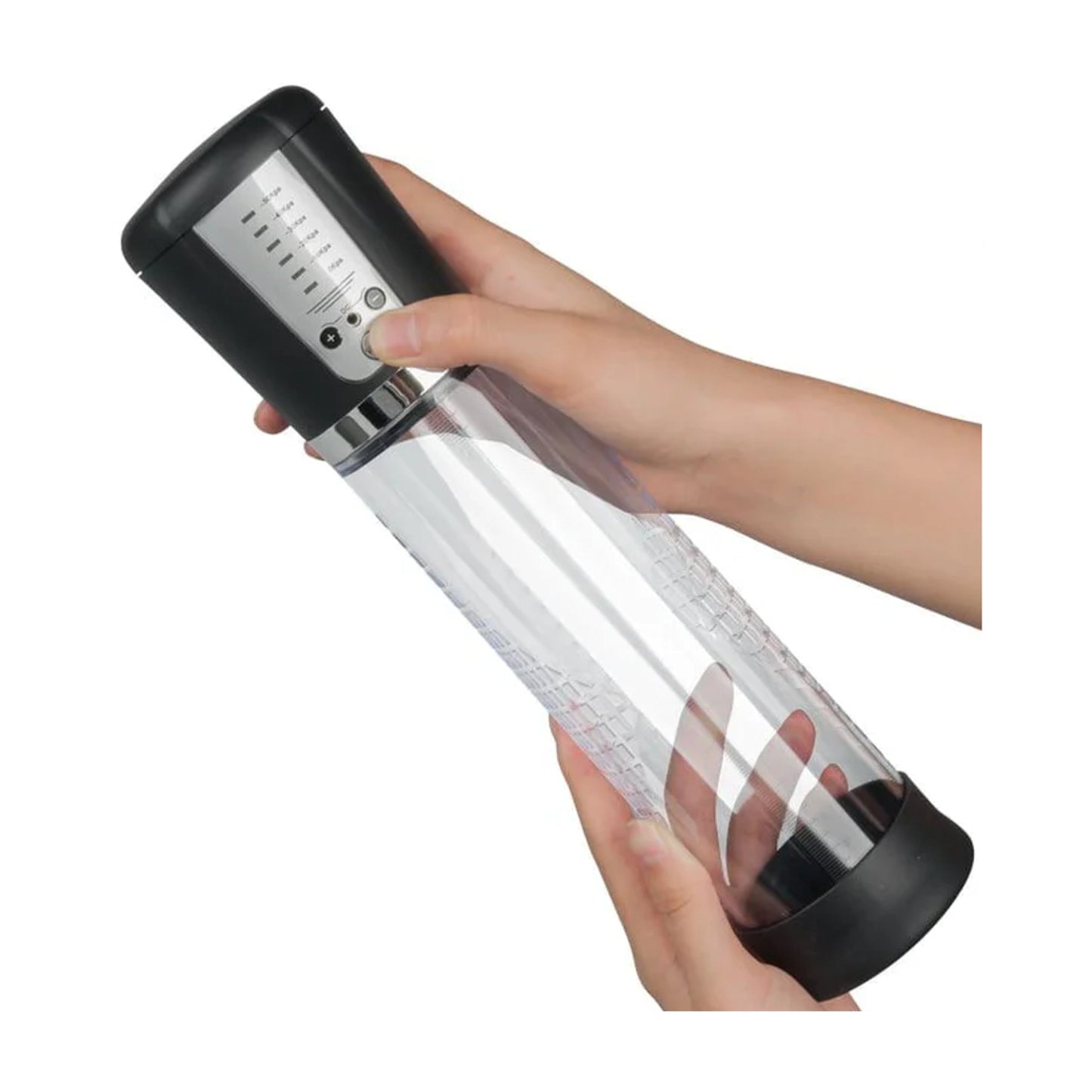 Rechargeable penis pump held in hands showing button layout