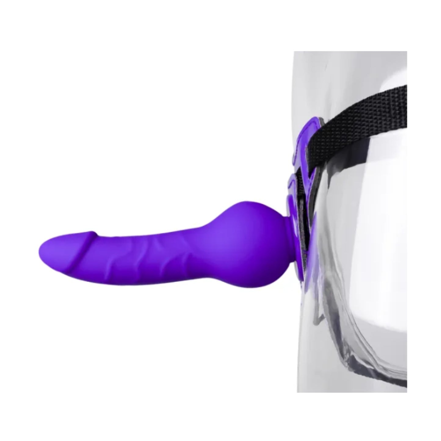 Side view of strap-on dildo worn on clear mannequin