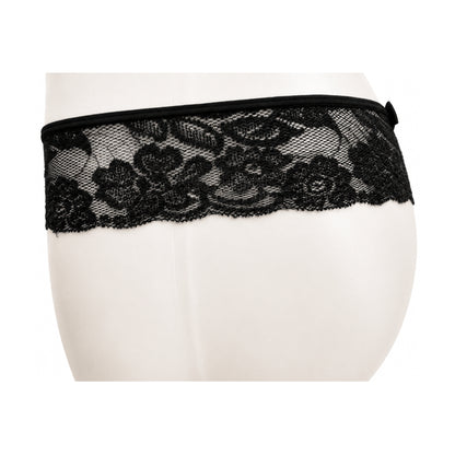 Black lace G-string side view with satin bow detail