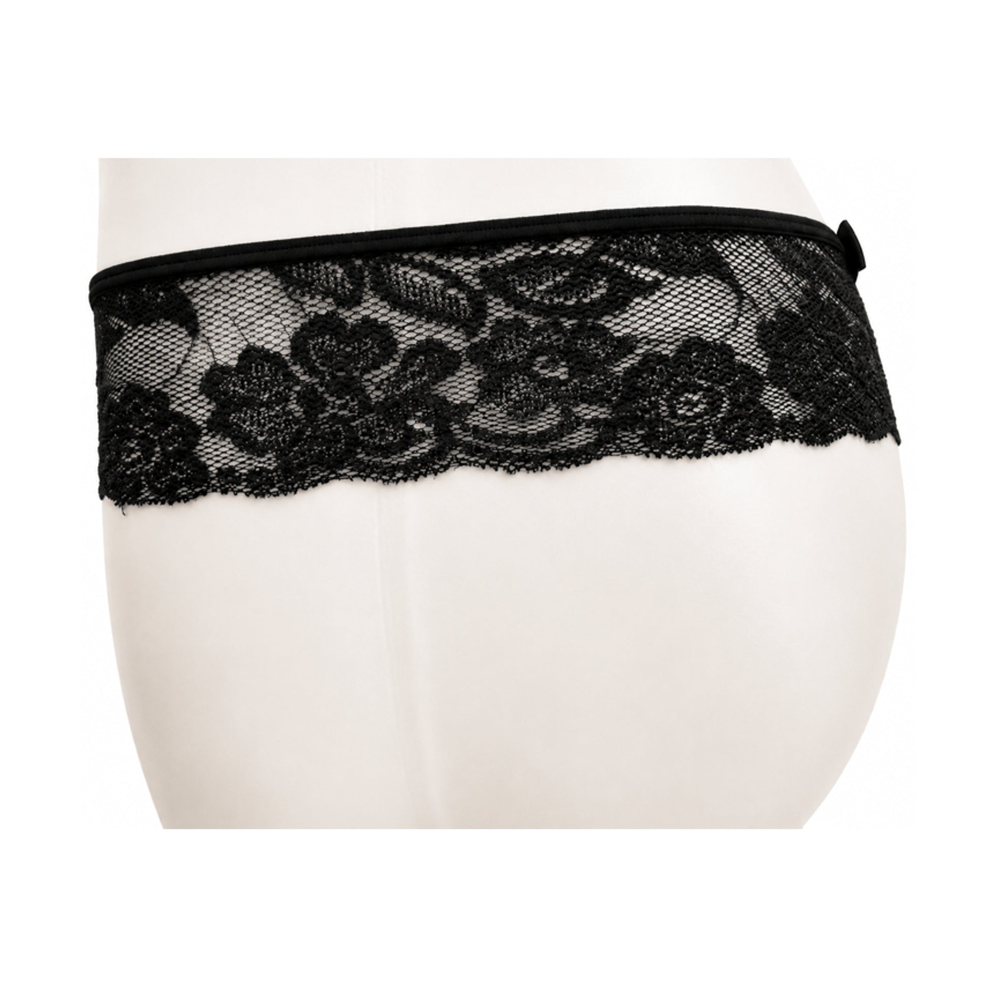 Black lace G-string side view with satin bow detail