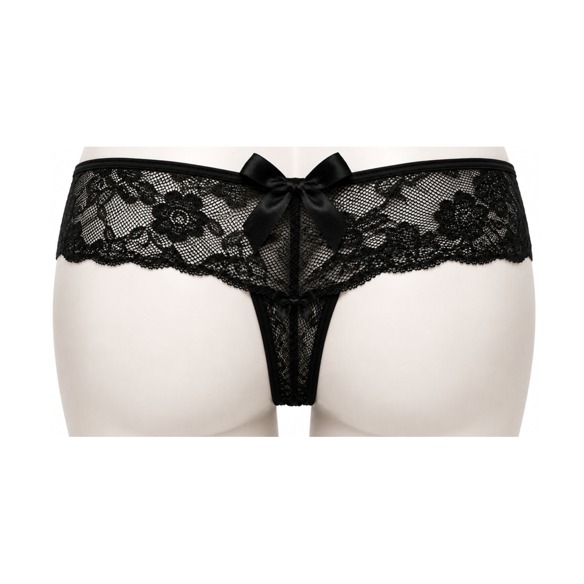 Black lace G-string rear view with large satin bow