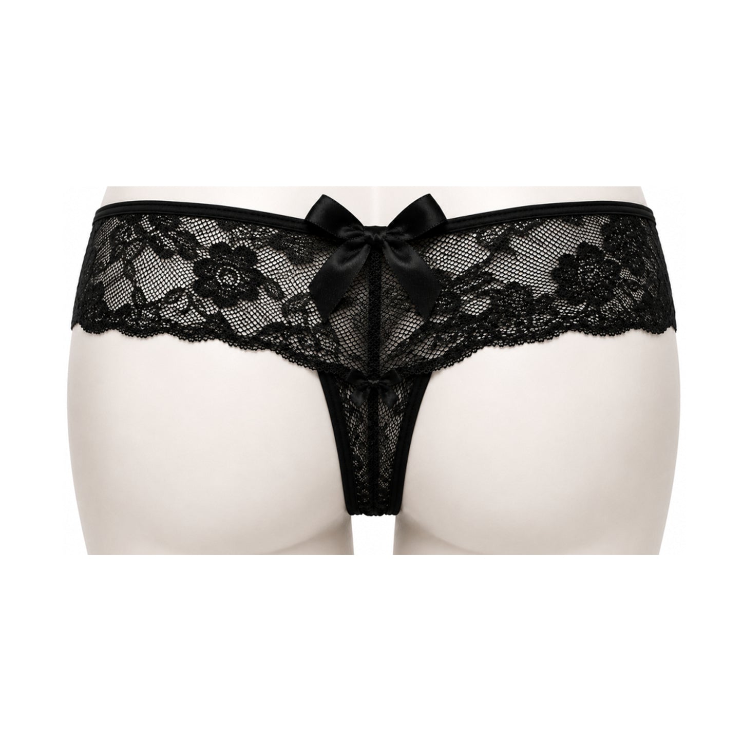 Black lace G-string rear view with large satin bow