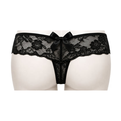 Black lace G-string rear view with large satin bow