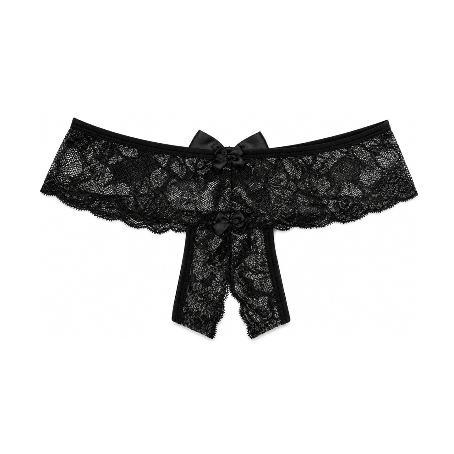 Black lace G-string front view showing crotchless design