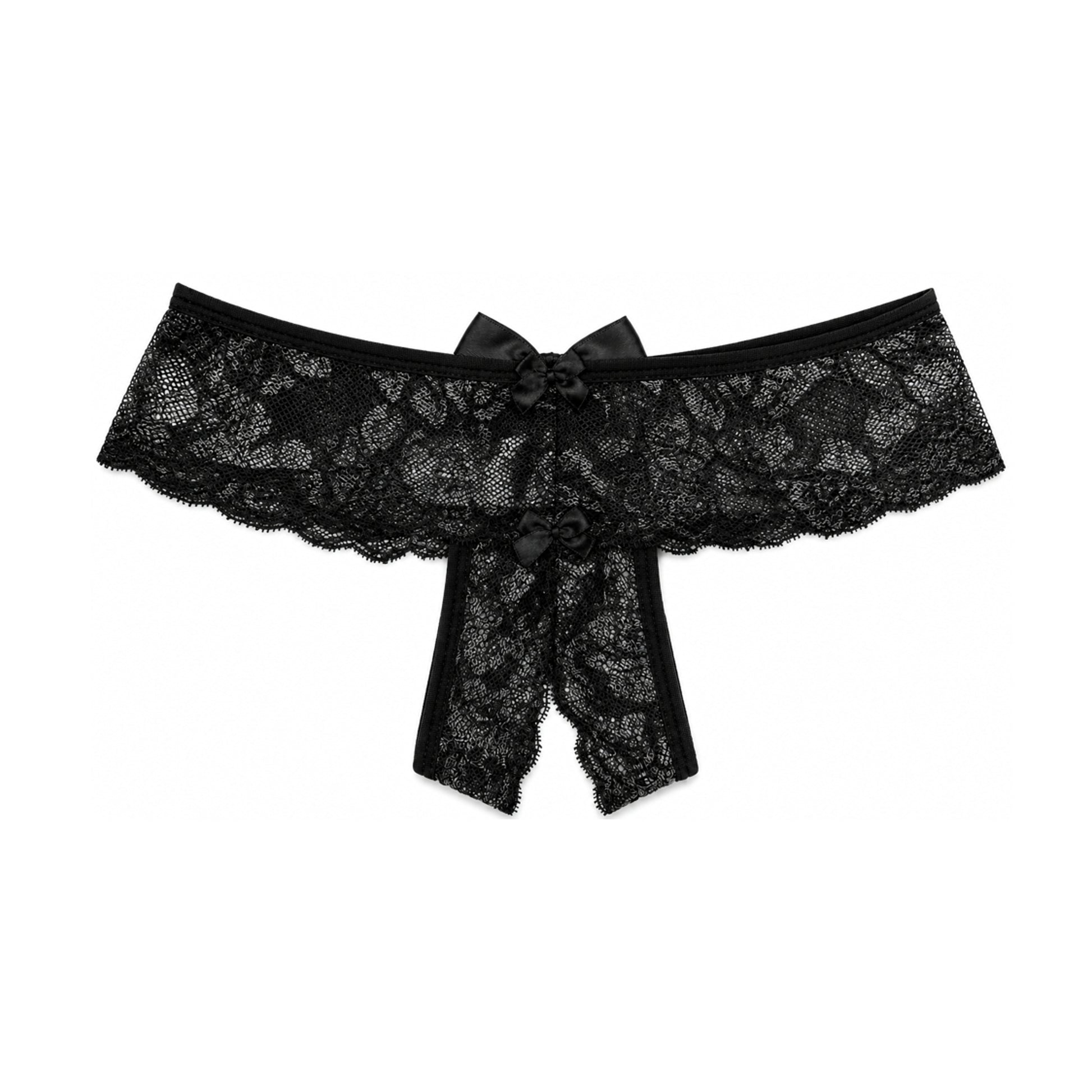Black lace G-string front view showing crotchless design