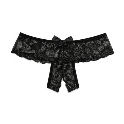 Black lace G-string front view showing crotchless design