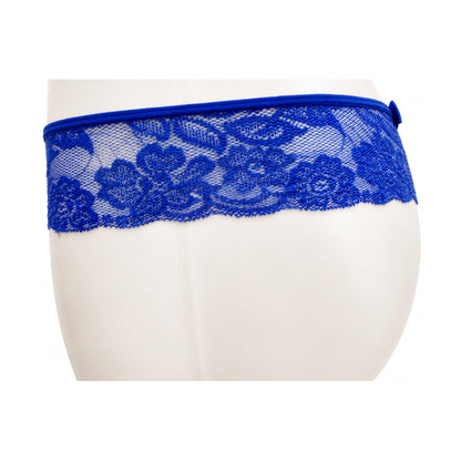 Blue lace G-string side view with satin bow detail