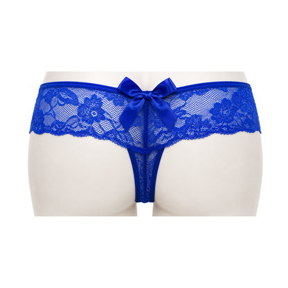 Blue lace G-string rear view with large satin bow