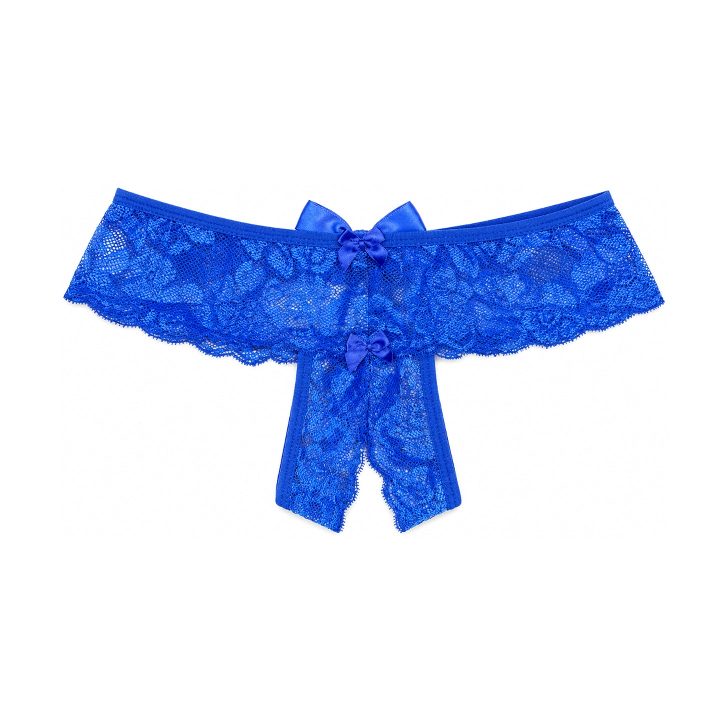 Blue lace G-string front view showing crotchless design