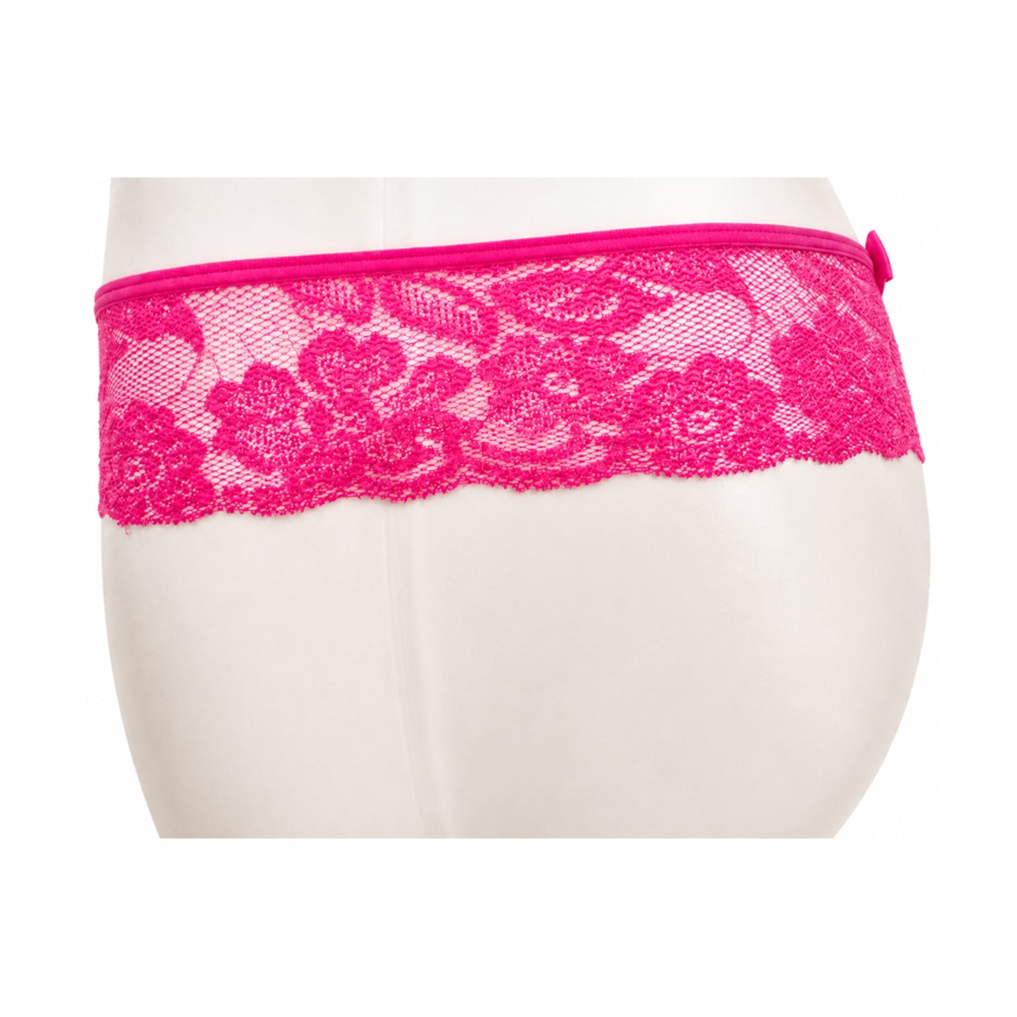 Hot pink lace G-string side view with satin bow detail
