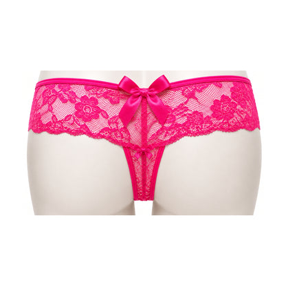 Hot pink lace G-string rear view with large satin bow