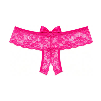 Hot pink lace G-string front view showing crotchless design