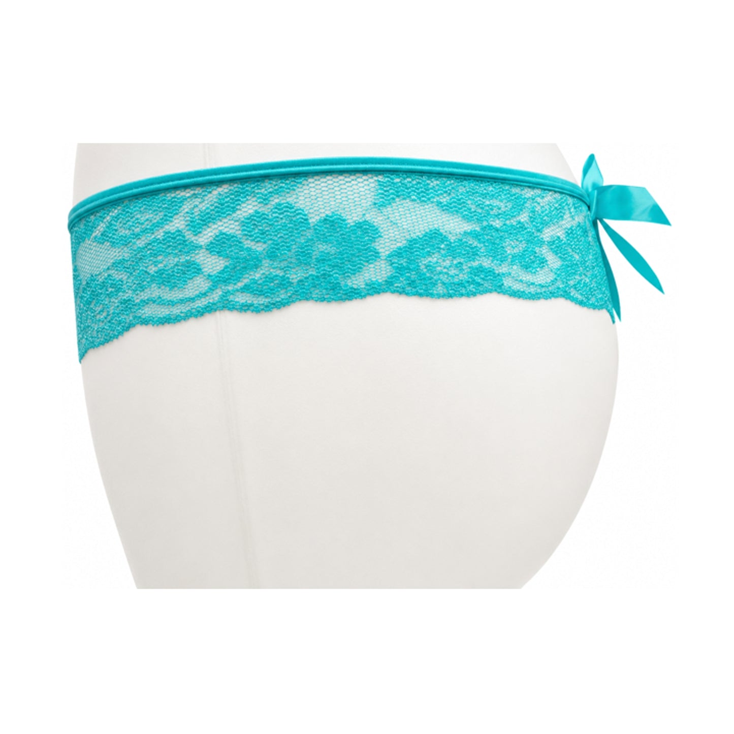 Mint lace G-string side view with satin bow detail