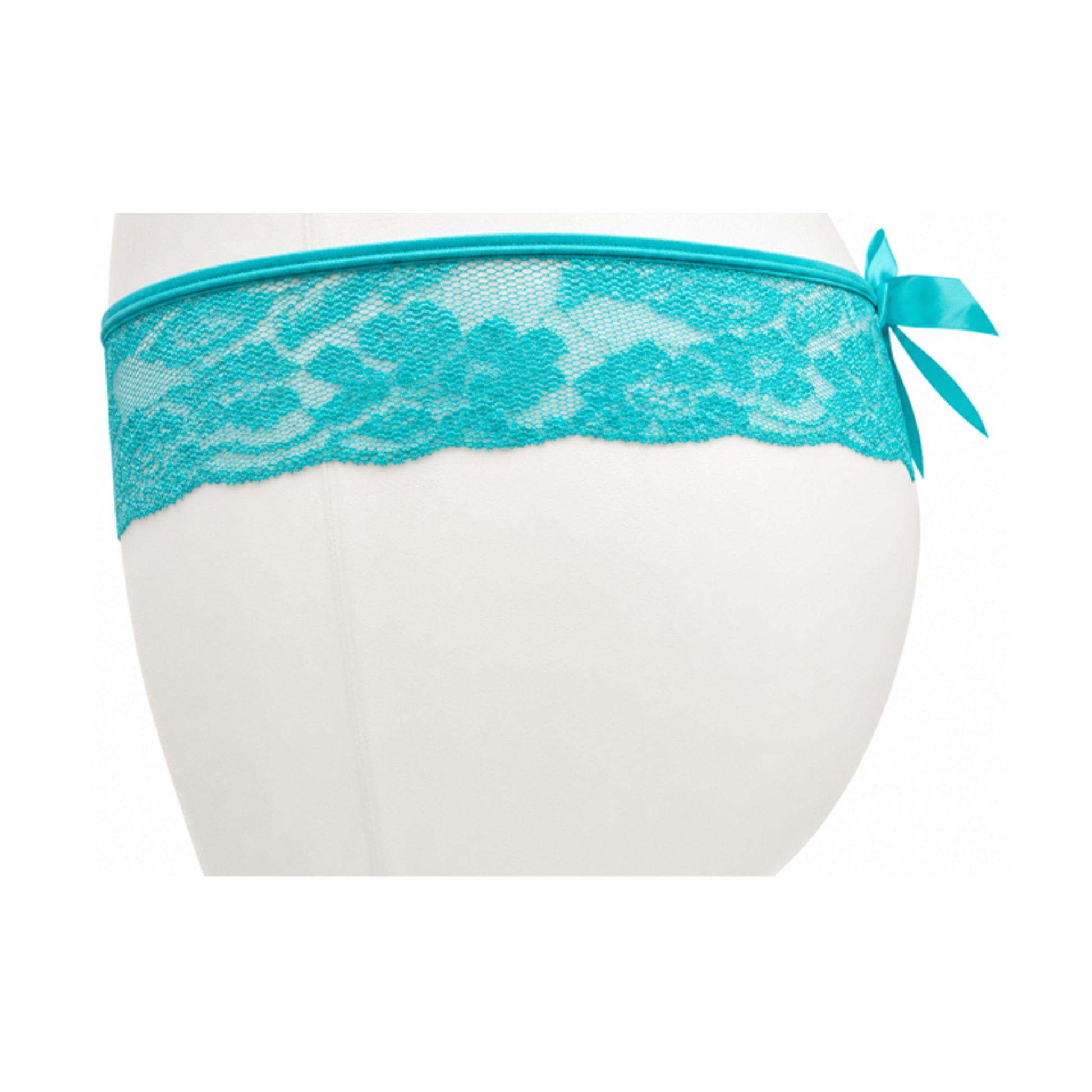 Mint lace G-string side view with satin bow detail