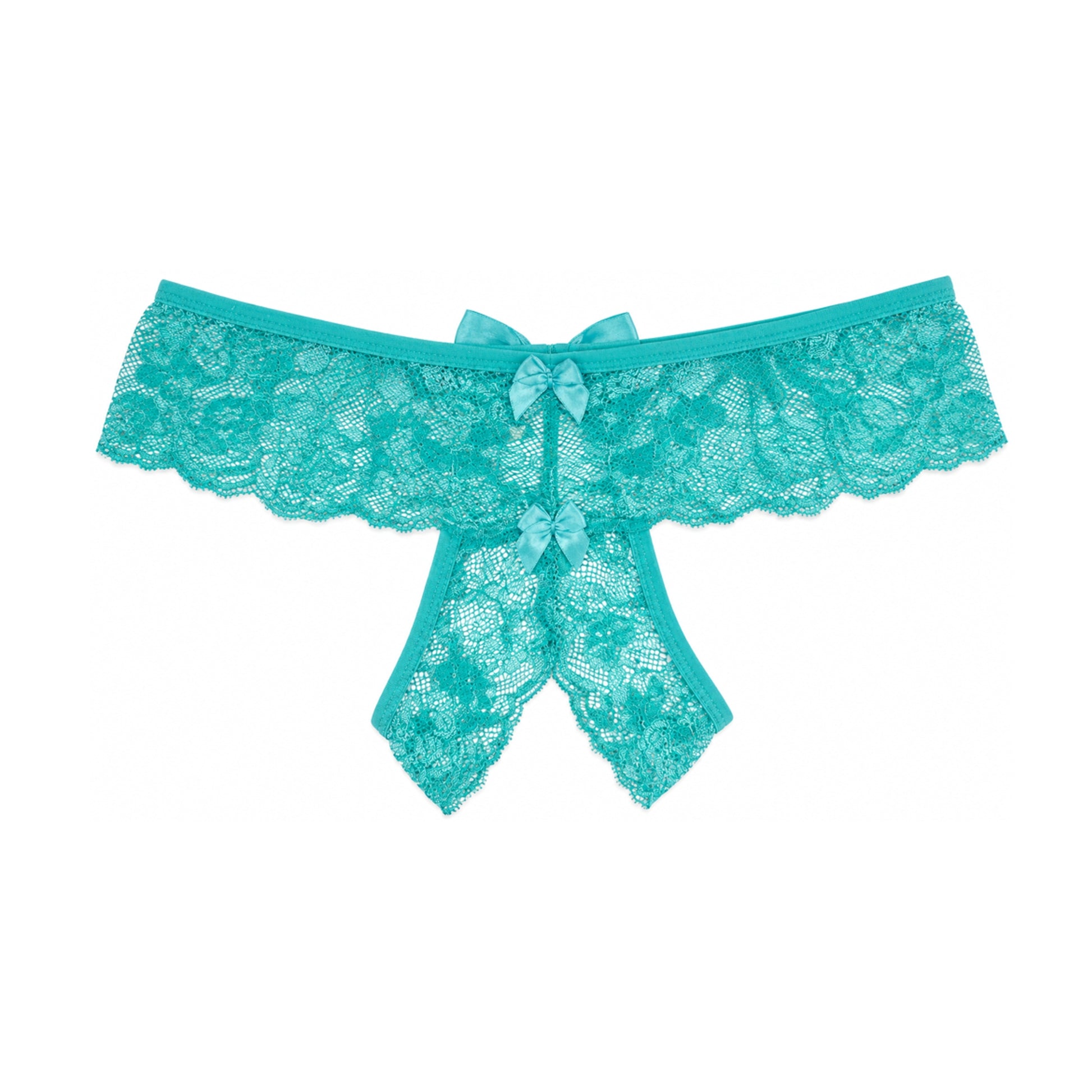 Mint lace G-string front view showing crotchless design