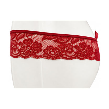 Wine lace G-string side view with satin bow detail