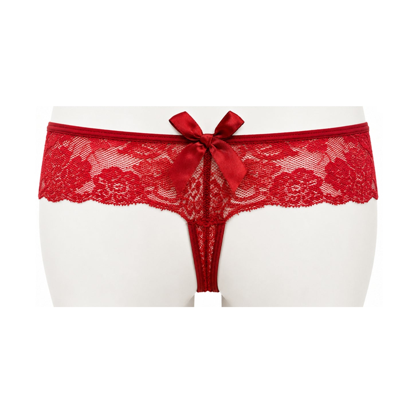 Wine lace G-string rear view with large satin bow