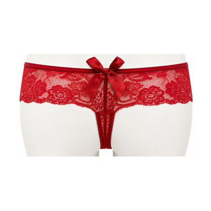 Wine lace G-string rear view with large satin bow