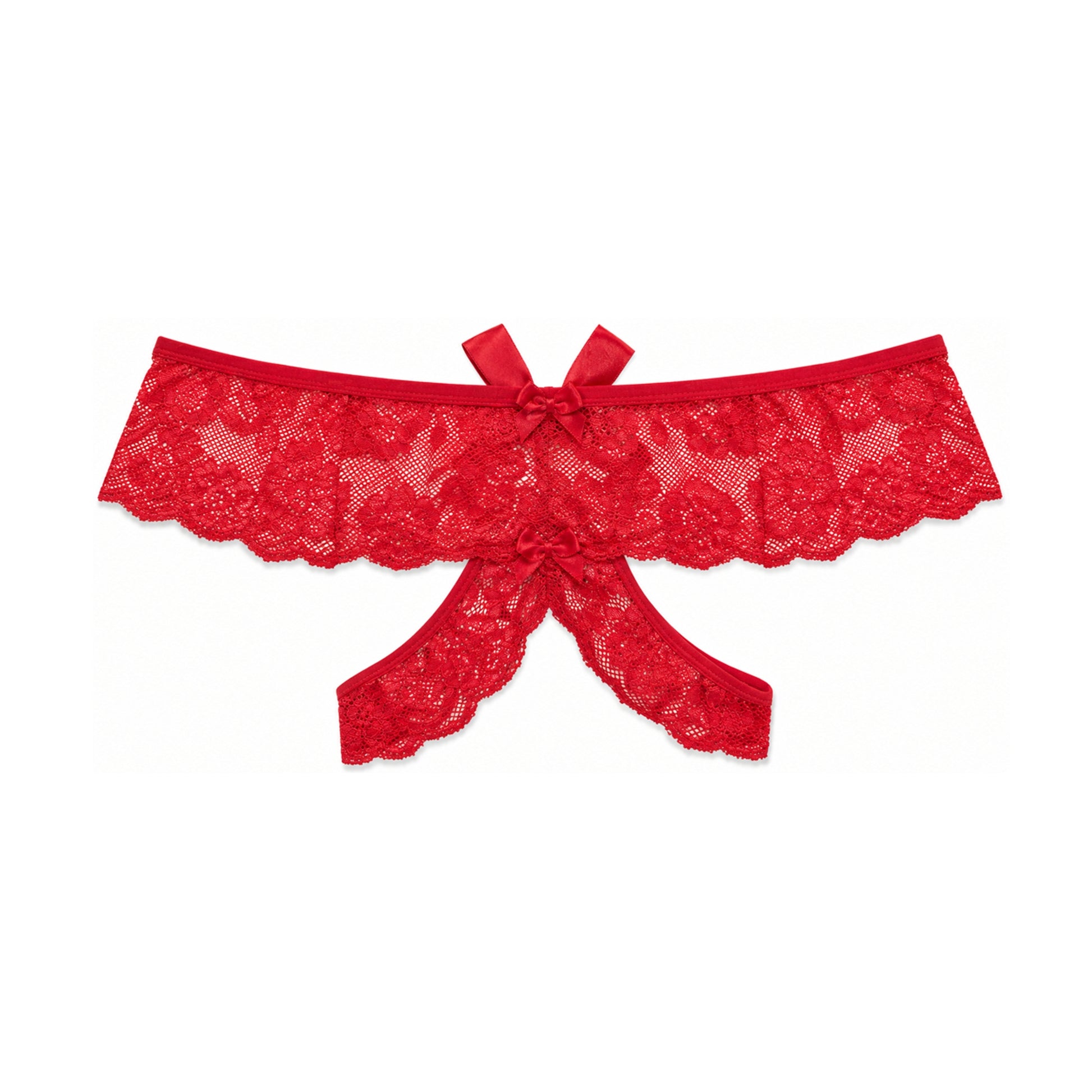 Wine lace G-string front view showing crotchless design