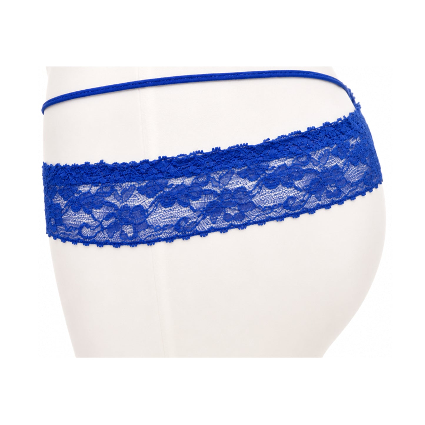 Blue lace G-string side view showing crossover straps