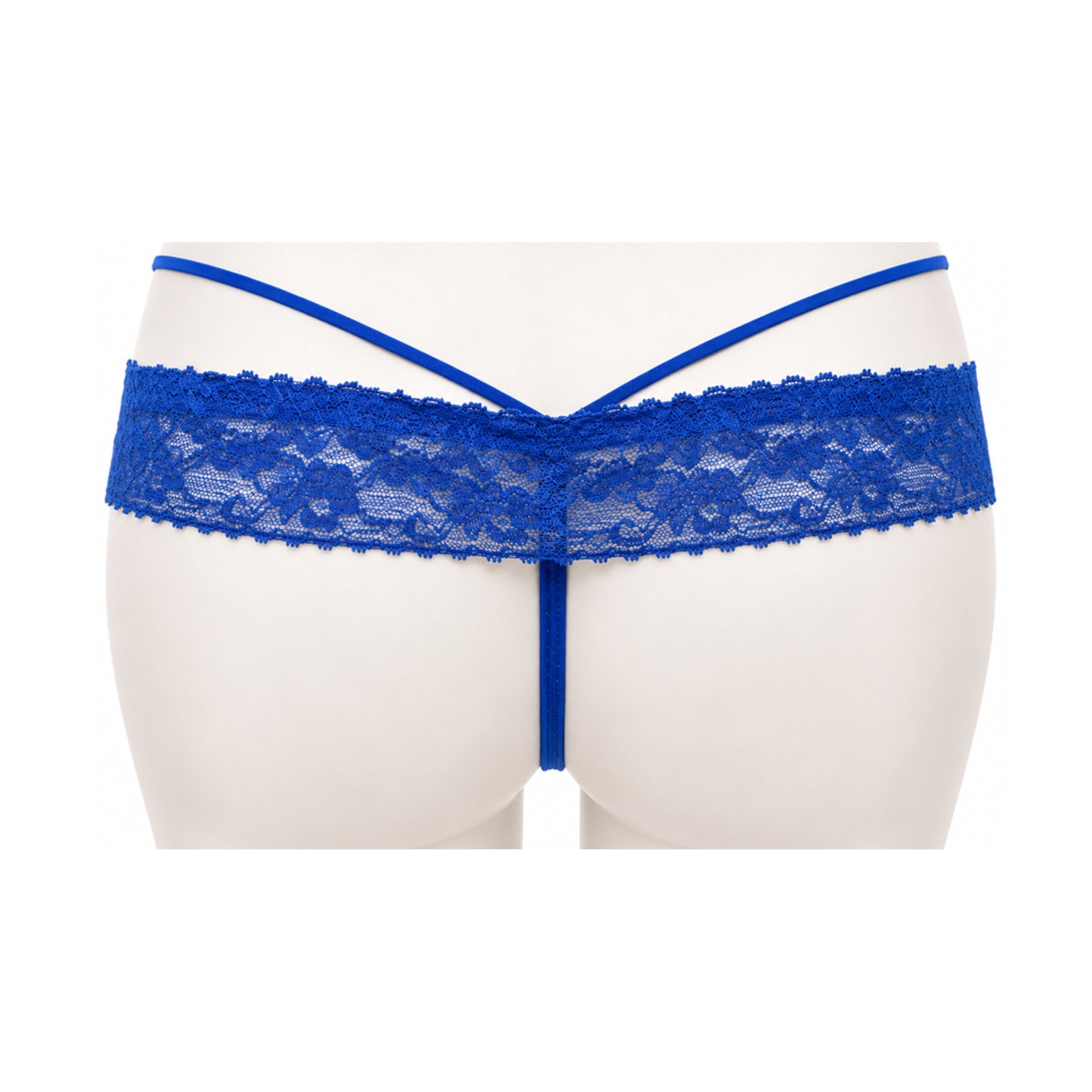 Blue lace G-string rear view with minimal back strap