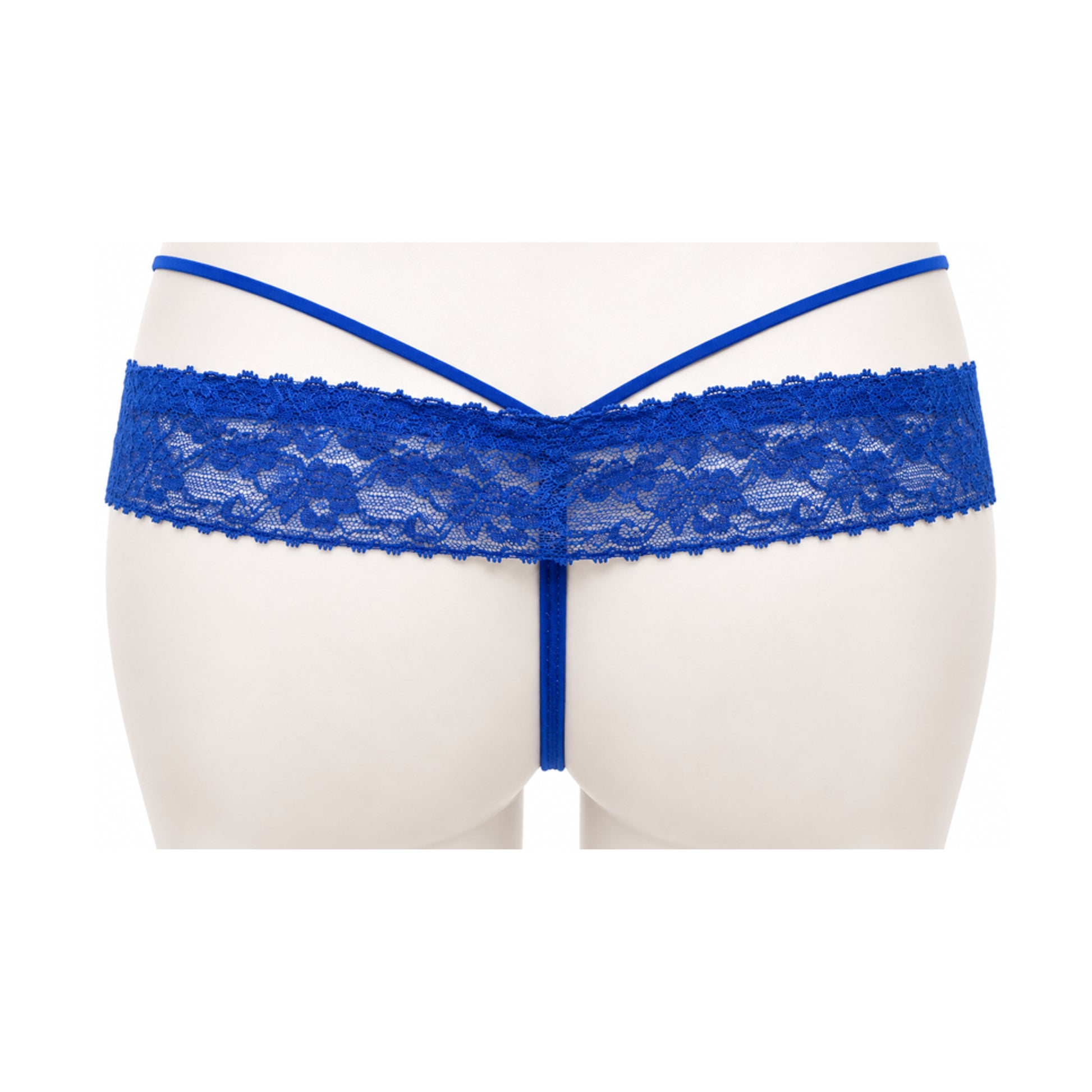 Blue lace G-string rear view with minimal back strap