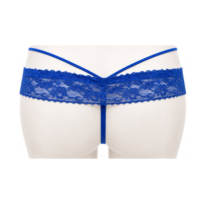 Blue lace G-string rear view with minimal back strap