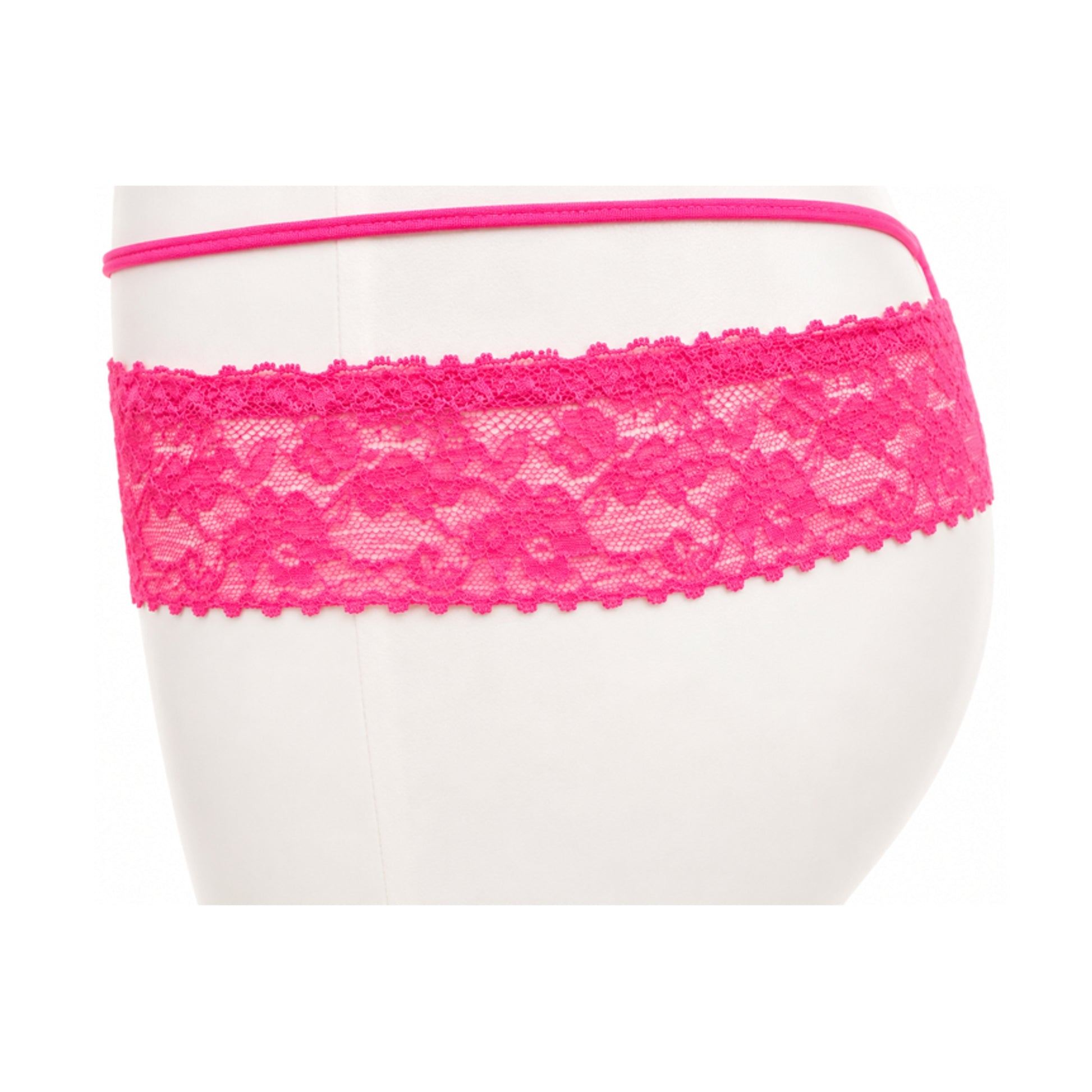 Hot pink lace G-string side view showing crossover straps