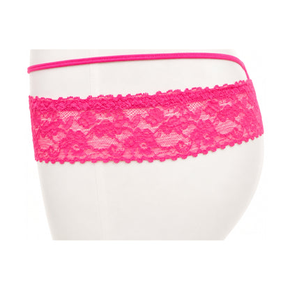 Hot pink lace G-string side view showing crossover straps