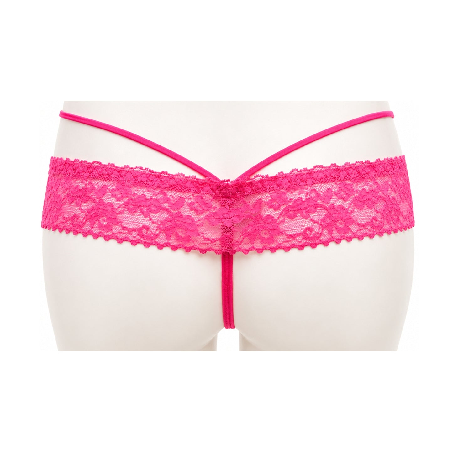Hot pink lace G-string rear view with minimal back strap