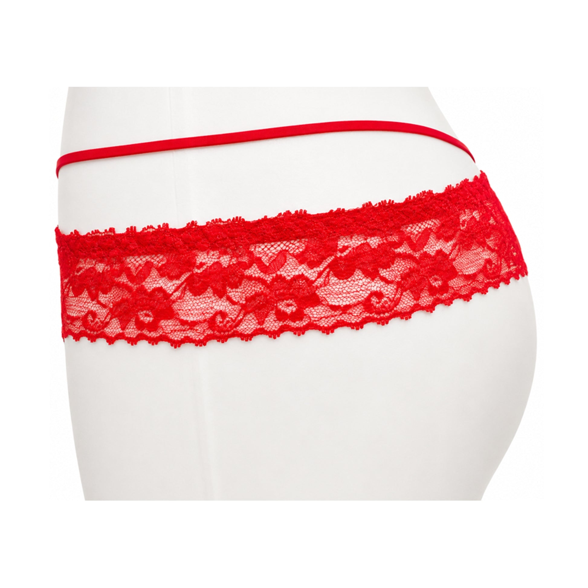 Red lace G-string side view showing crossover straps