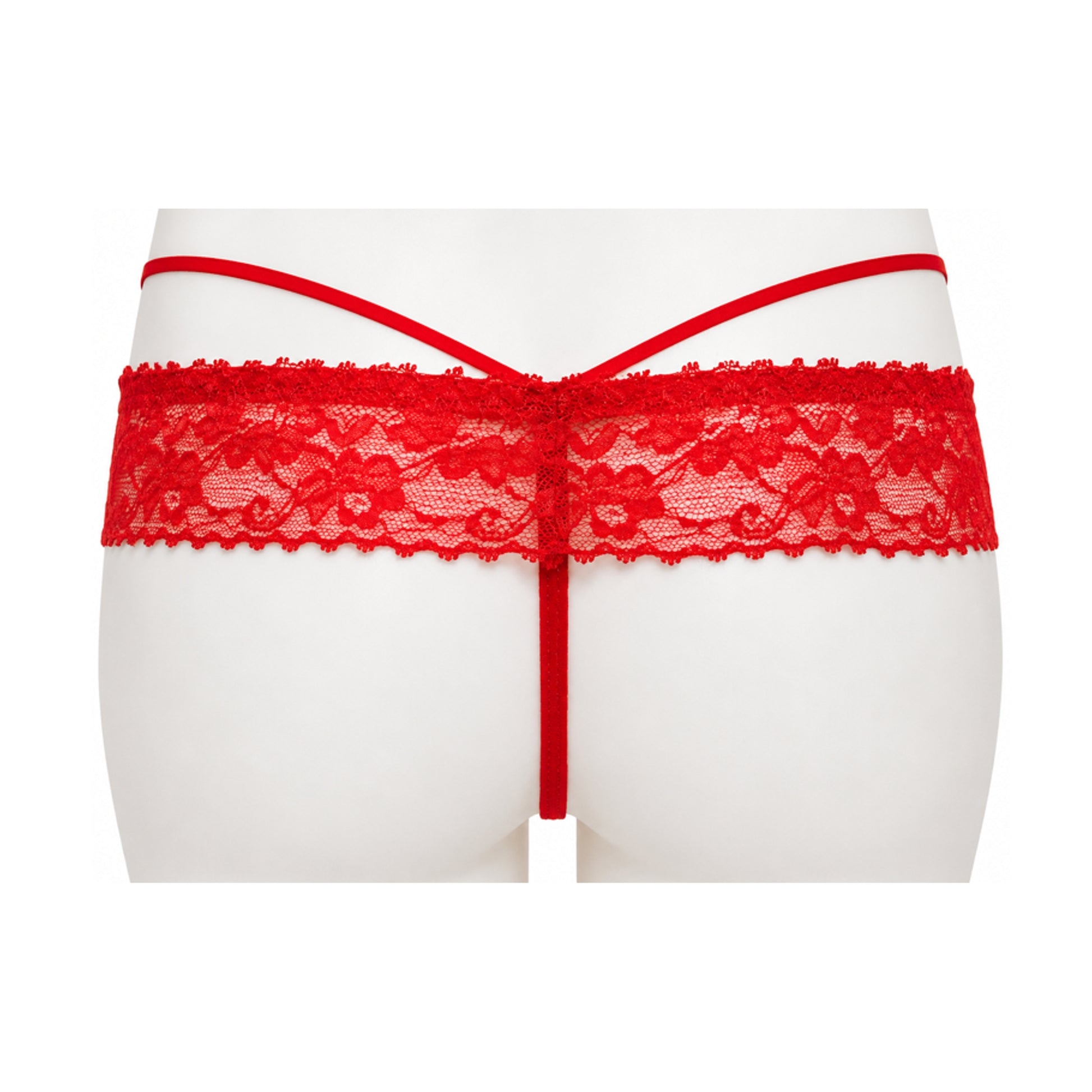 Red lace G-string rear view with minimal back strap