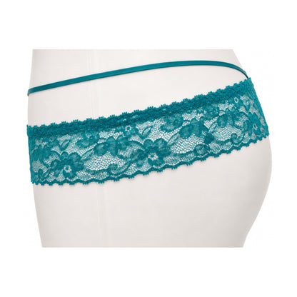 Turquoise lace G-string side view showing crossover straps