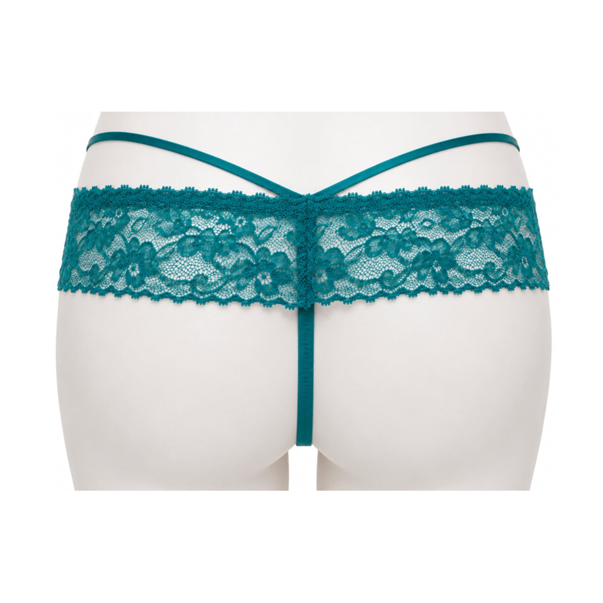 Turquoise lace G-string rear view with minimal back strap