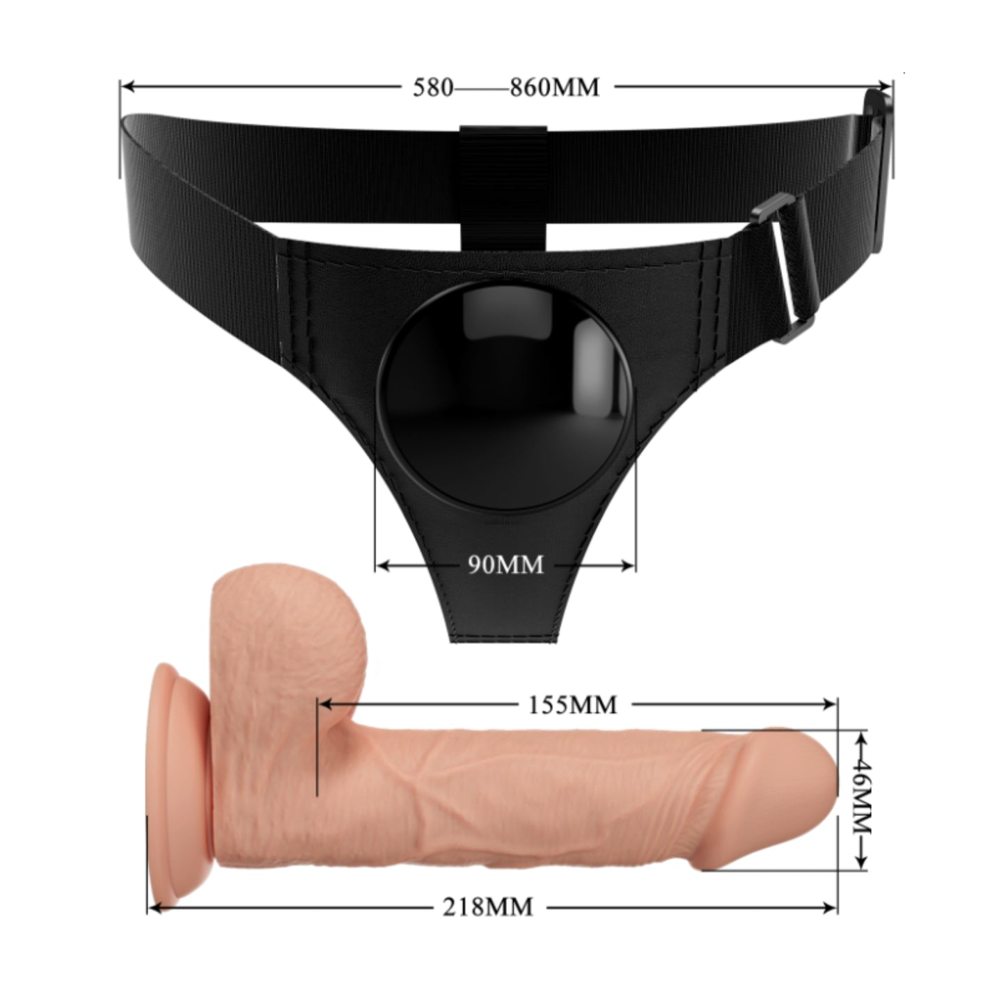 Dildo and harness shown separately with measurements visible