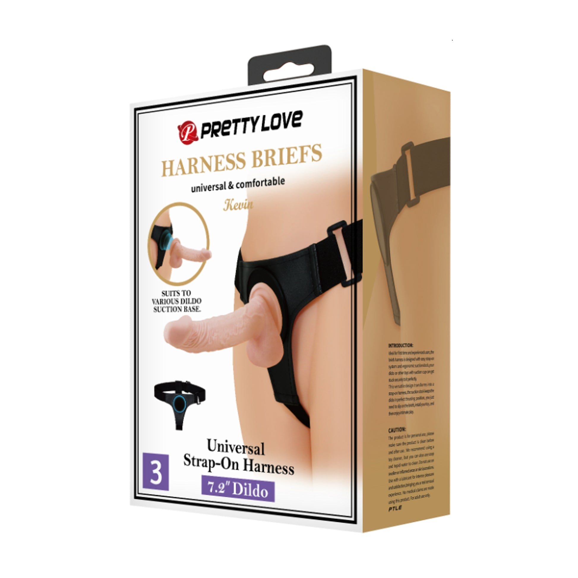 Pretty Love Kevin strap-on kit retail packaging showing harness and dildo