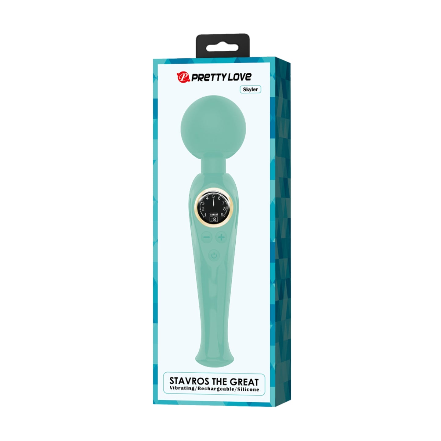 Pretty Love Stavros The Great Skyler Wand Vibrator Aqua in retail packaging