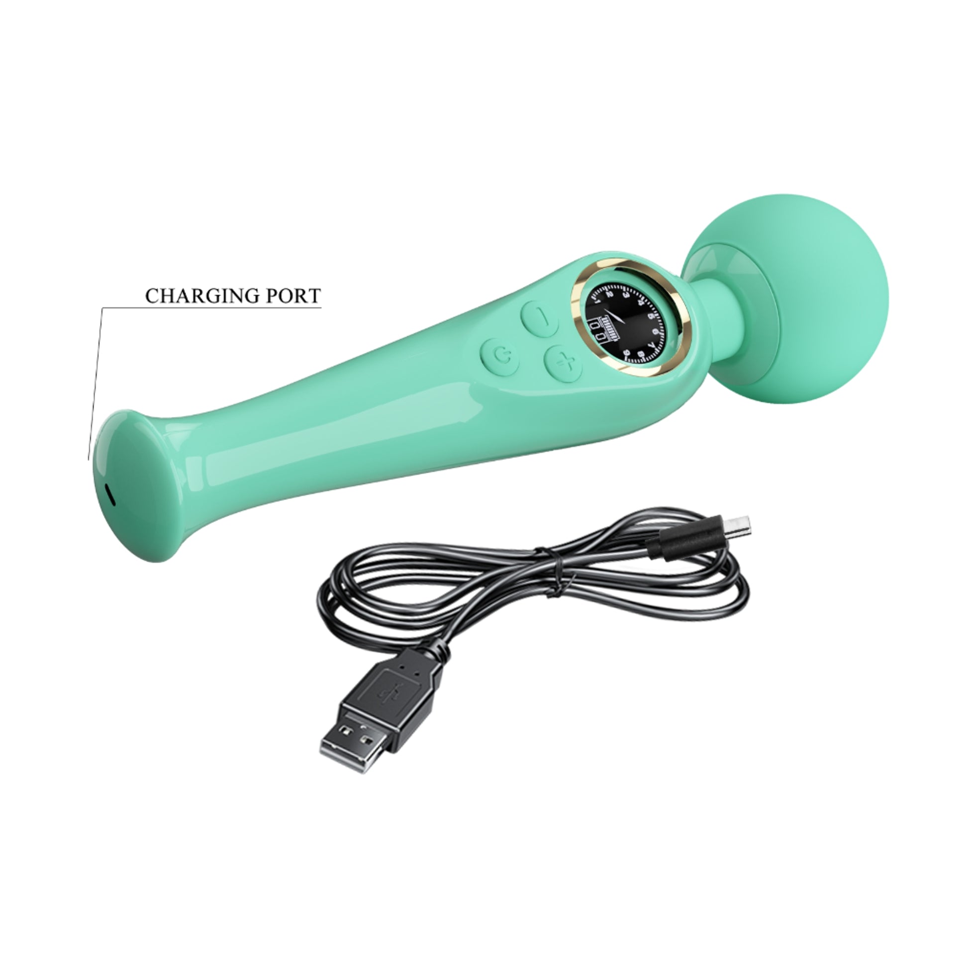 Rechargeable wand vibrator shown with USB-C charging cable