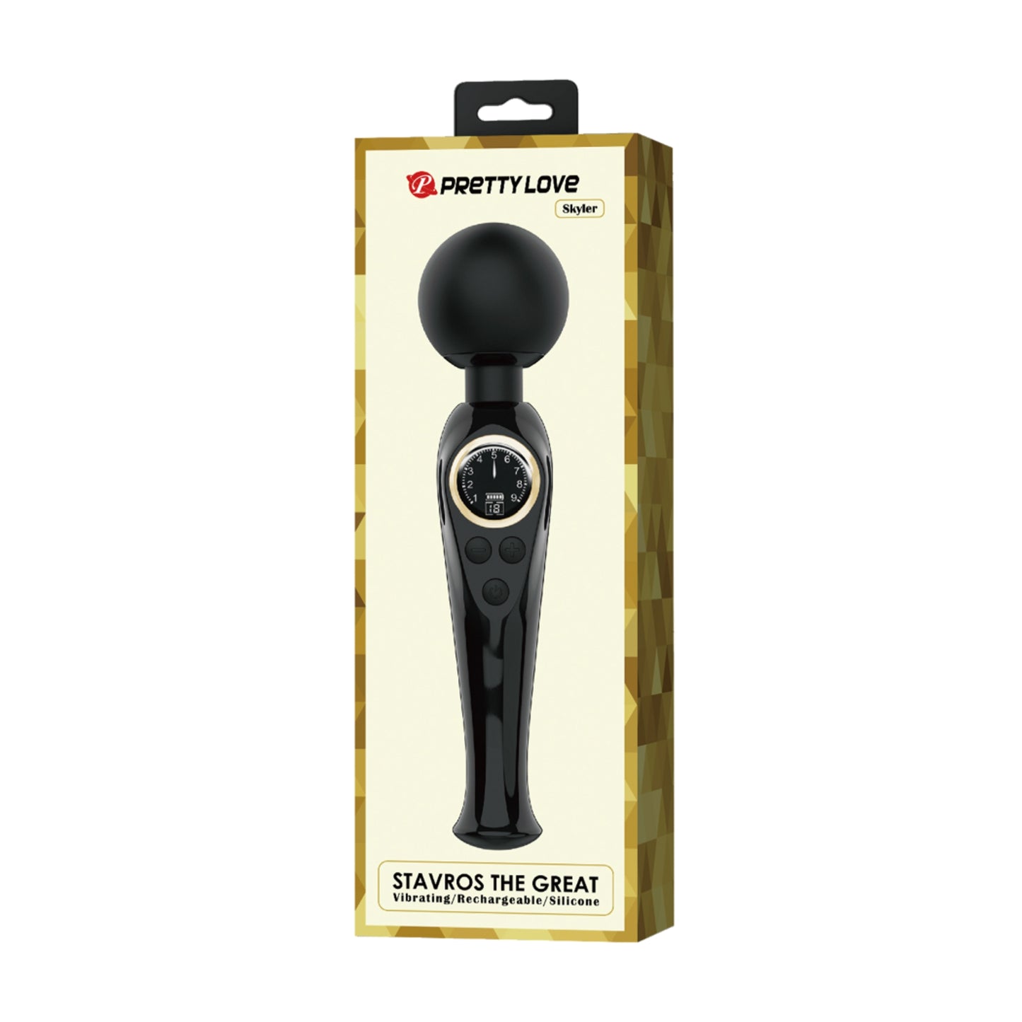 Pretty Love Stavros The Great Skyler Wand Vibrator Black in retail packaging