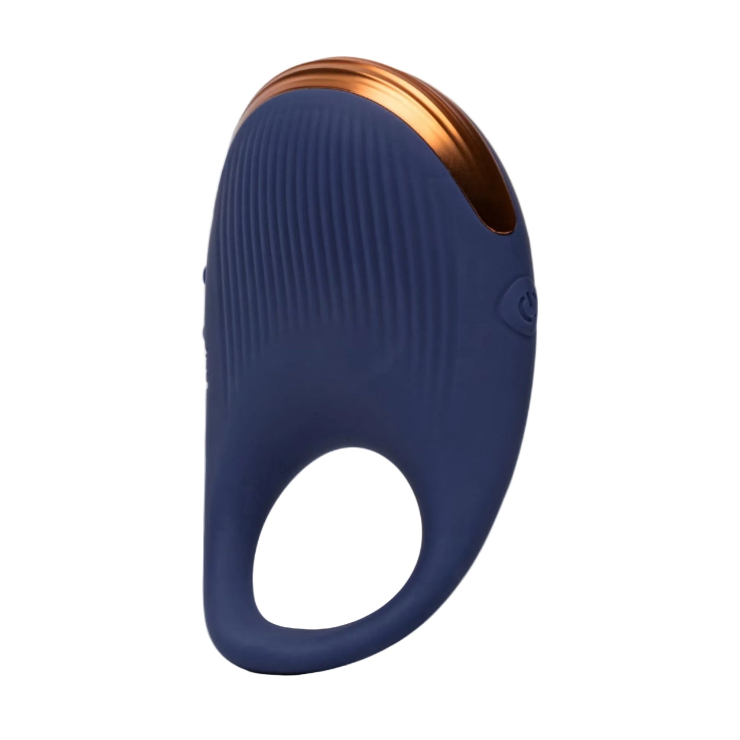 Blue vibrating cock ring shown front-on against a light background
